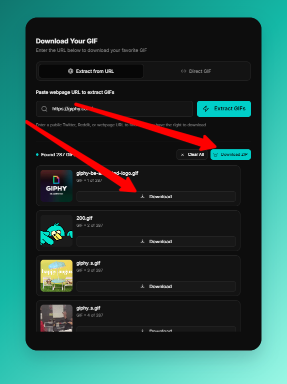 Download extracted GIFs individually or save all GIFs as a ZIP file using the free GIF downloader
