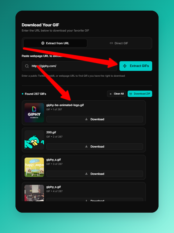 Extract GIFs from a webpage URL and preview detected animated GIFs in the GIF downloader tool