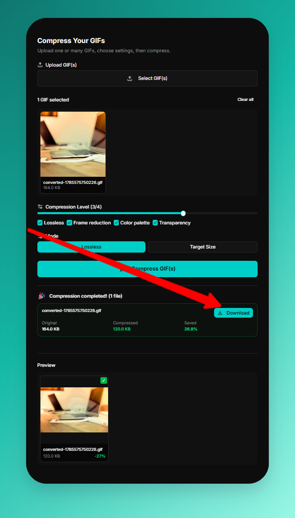 Download a compressed GIF after reducing file size with the free online GIF compressor tool