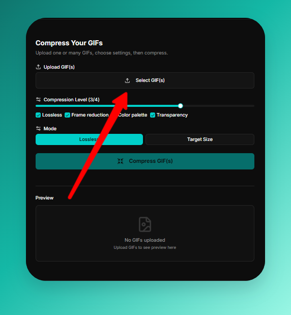 Upload a GIF file to the free online GIF compressor by clicking Select GIF to start reducing file size