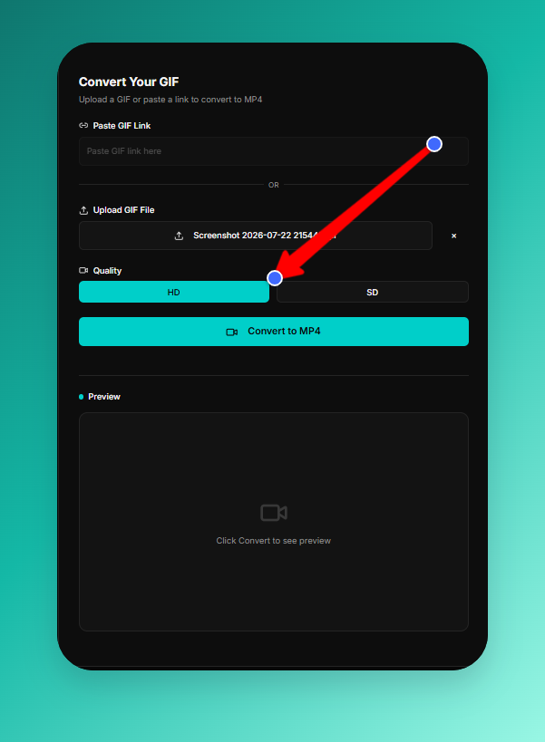 Choose HD or SD quality settings before converting a GIF to MP4 online