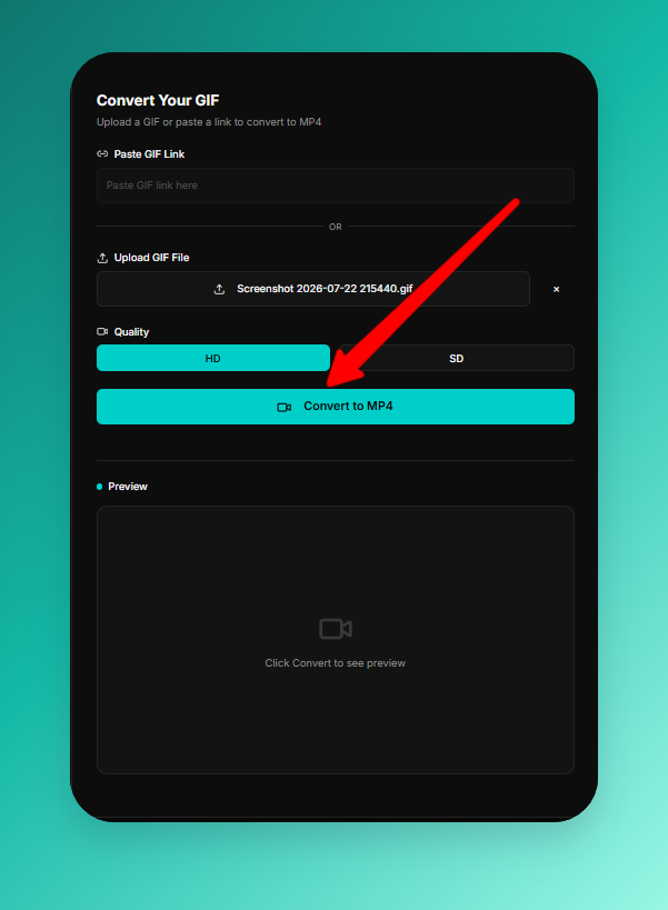 Click Convert to MP4 to turn an animated GIF into an MP4 video with the online converter