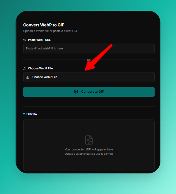 Upload a WebP file or paste a WebP URL in the online WebP to GIF converter